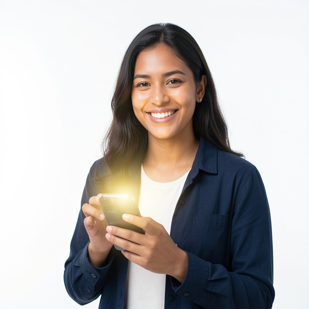 freepik pessoa sorrindo segurando um smartphone moderno postura confiante fundo minimalista branco leve destaque luminoso na tela 0001